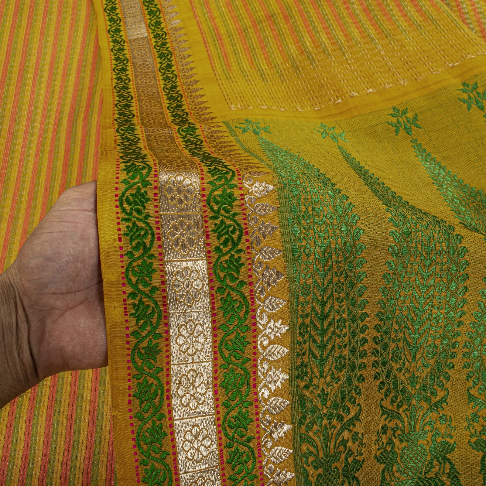 Sanskriti Vintage Saree Yellow Cotton Silk Ilkal Hand Crafted Fabric Indian Sari