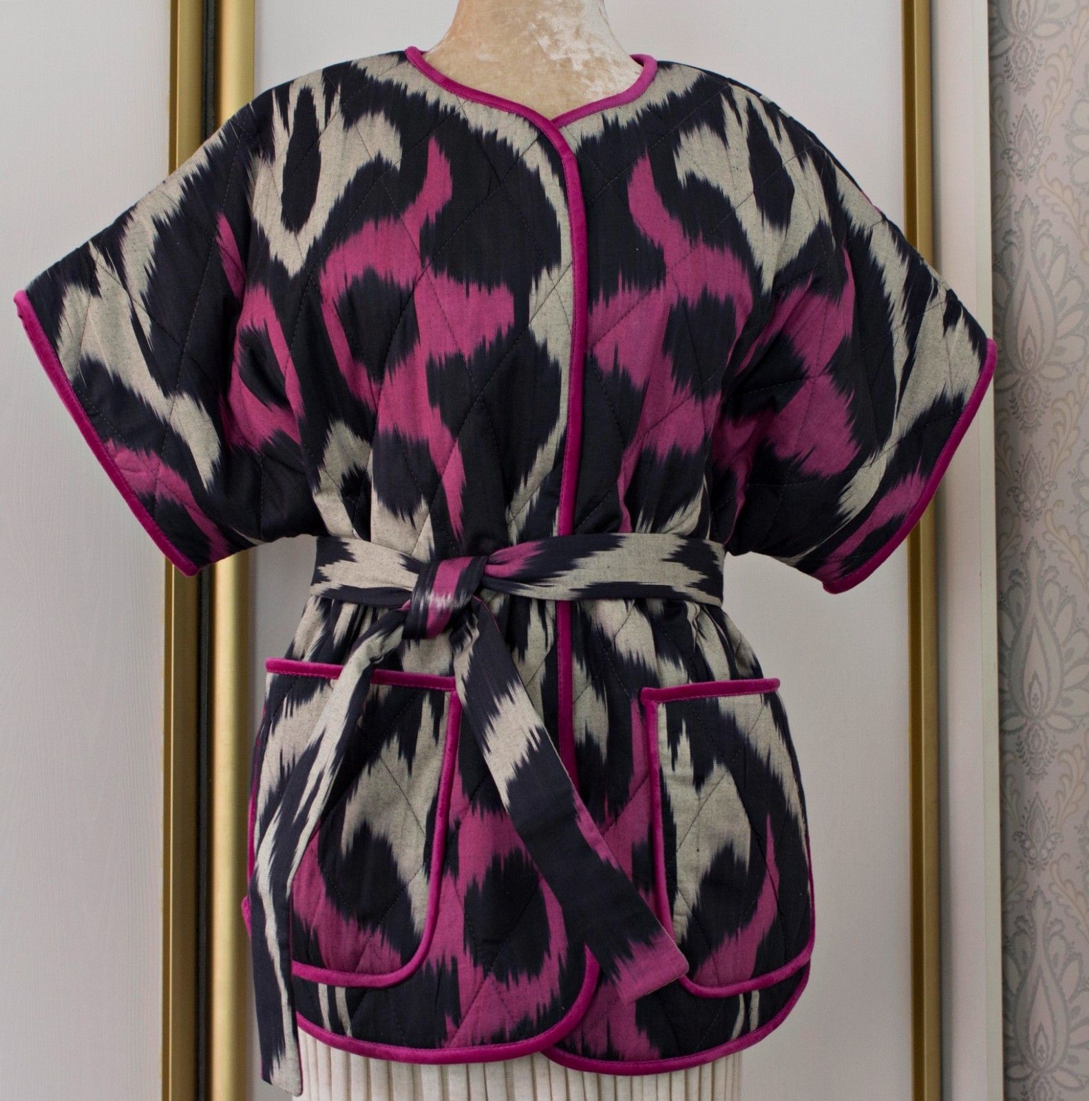 Handmade Ikat Quilted Jacket Uzbek Cotton OOAK Boho Kimono Vest Belt Pockets