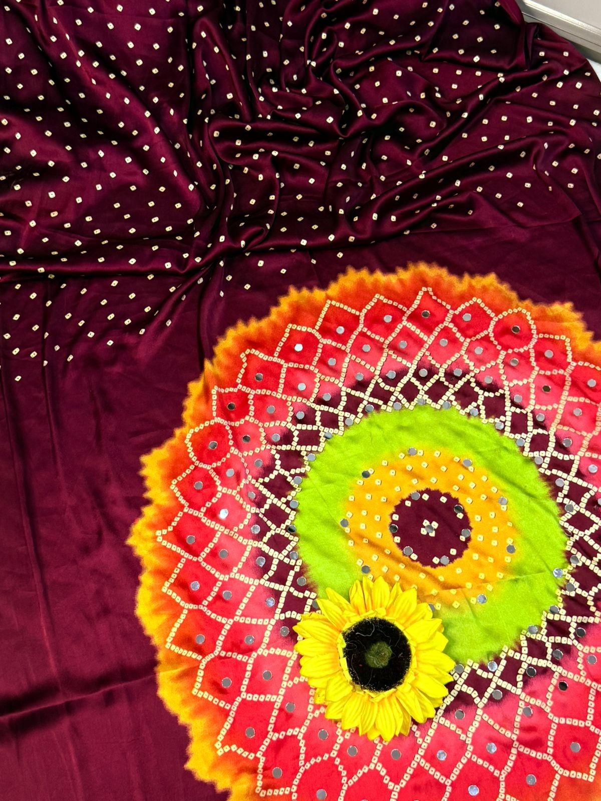 Pure Gajji Silk Ajrakh Bandhej Saree Mirror Work Indian Ethnic Saree with Blouse
