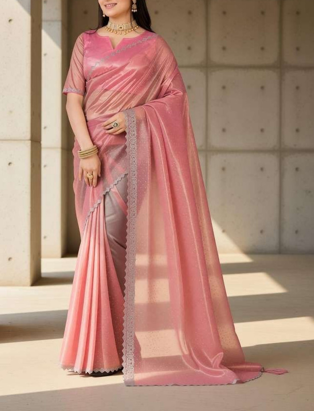 Pink Organza Saree Women Party Wear Designer Border Work Saree