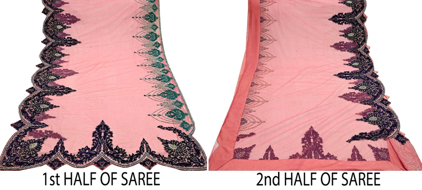 Vintage Heavy Sari Peach Net/Mesh Hand Embroidered Sarees Craft Fabric 5Yd