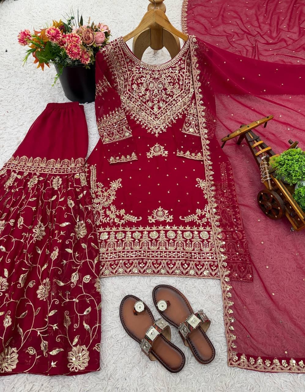Maroon Designer Heavy Georgette Top Palazzo With Dupatta For Function Wear