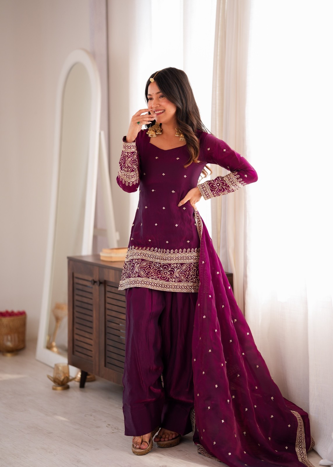 Designer Heavy Fendy Silk Top Kurta with Farshi Shalwar Glass Roman Silk Dupatta