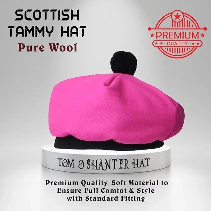 Hot Pink Scottish Traditional Tam o’ Shanter Wool Tammy Hat Bonnet Kilt Cap