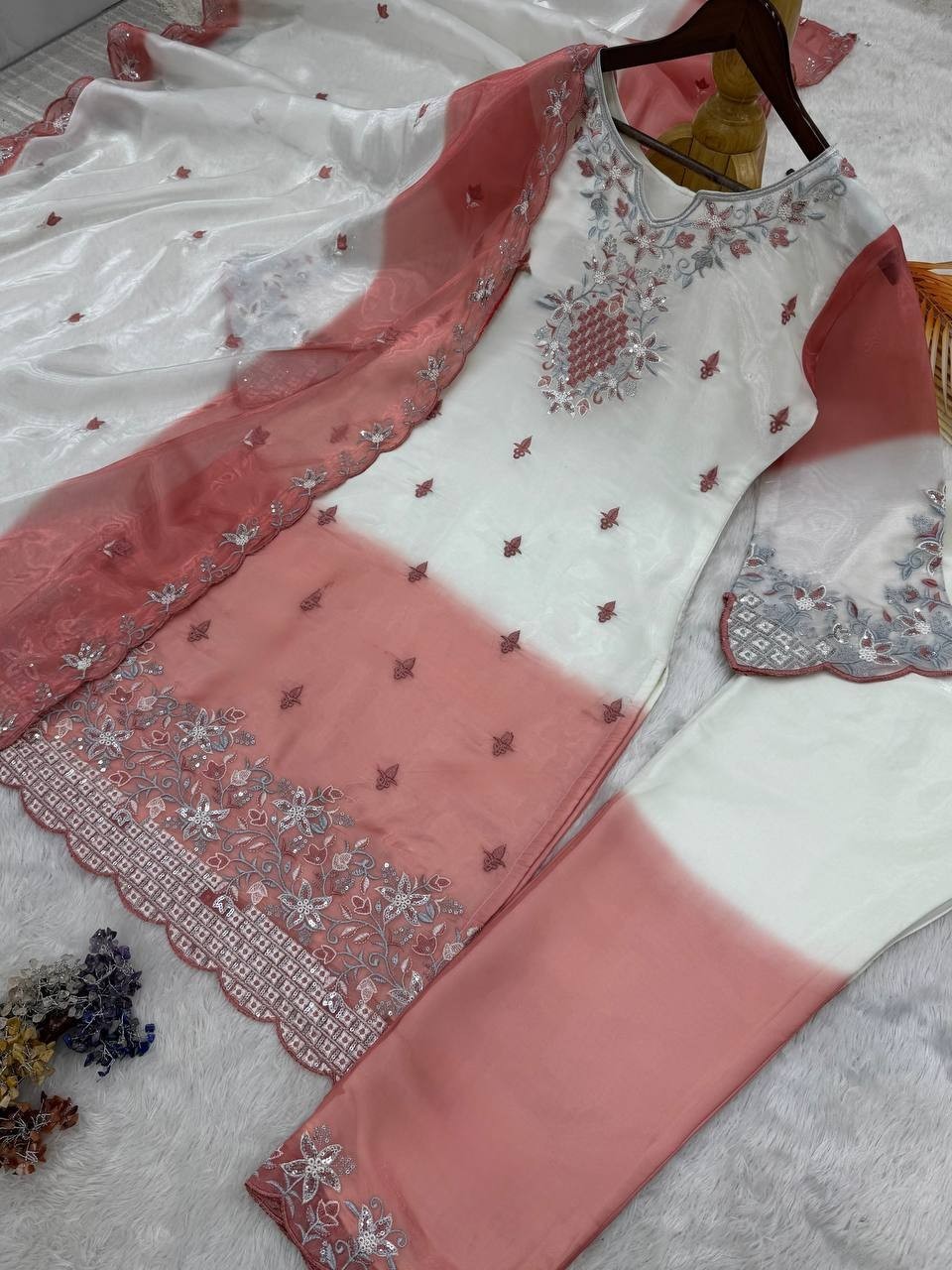 Presenting Pure Silk Salwar Kameez With Dusty Pink Dupatta For Festival Wear