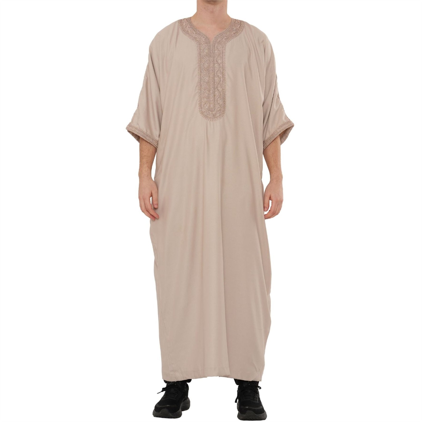 Men’s Salmon Moroccan Thobe Half Sleeve Embroidery Kaftan Eid Ramadan