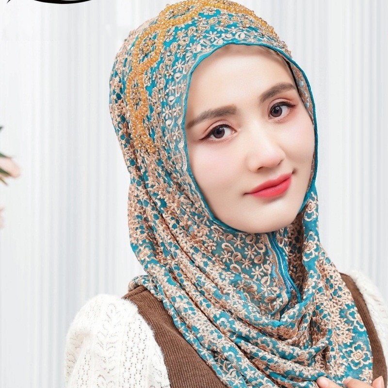 New Silk Hijabs Women Malaysia Wrap Cap Muslim Print Bead Scarf Hair Cover Shawl