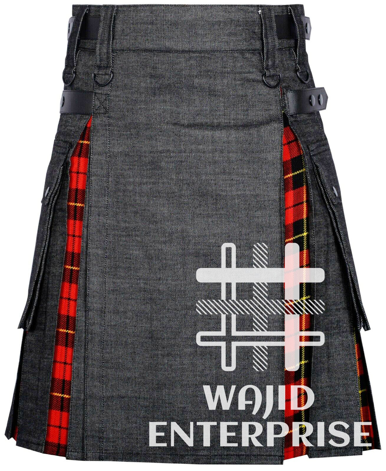 Scottish handmade Wallace tartan with Black Denim Hybrid Utility Kilts For Men’s
