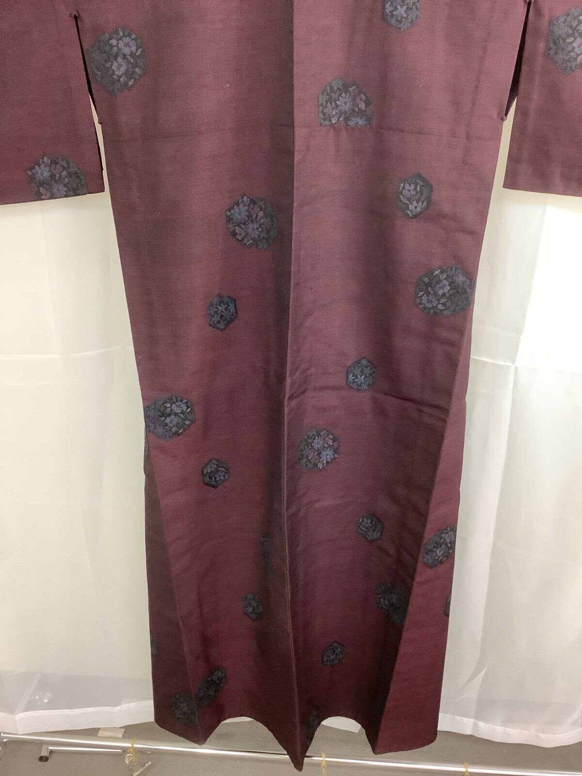 Japanese Vintage Kimono Silk Fabric Wine Red Oshima Expensive Flower 151cm