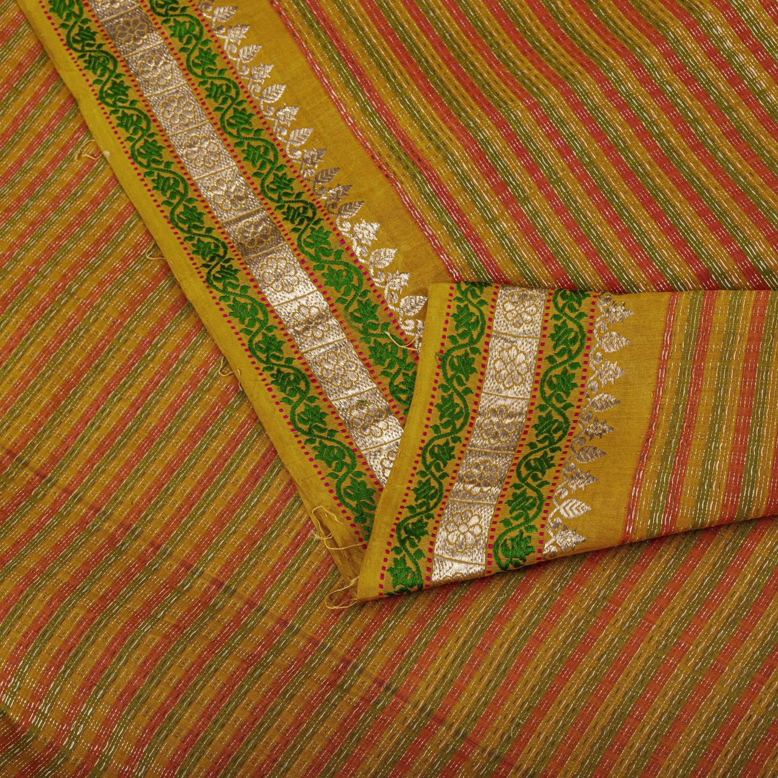 Sanskriti Vintage Saree Yellow Cotton Silk Ilkal Hand Crafted Fabric Indian Sari