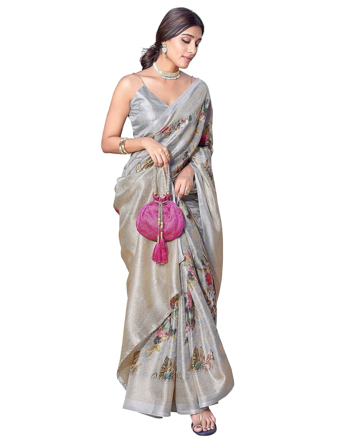 Women Art Silk Floral Printed Kanjivaram Saree with Blouse Material