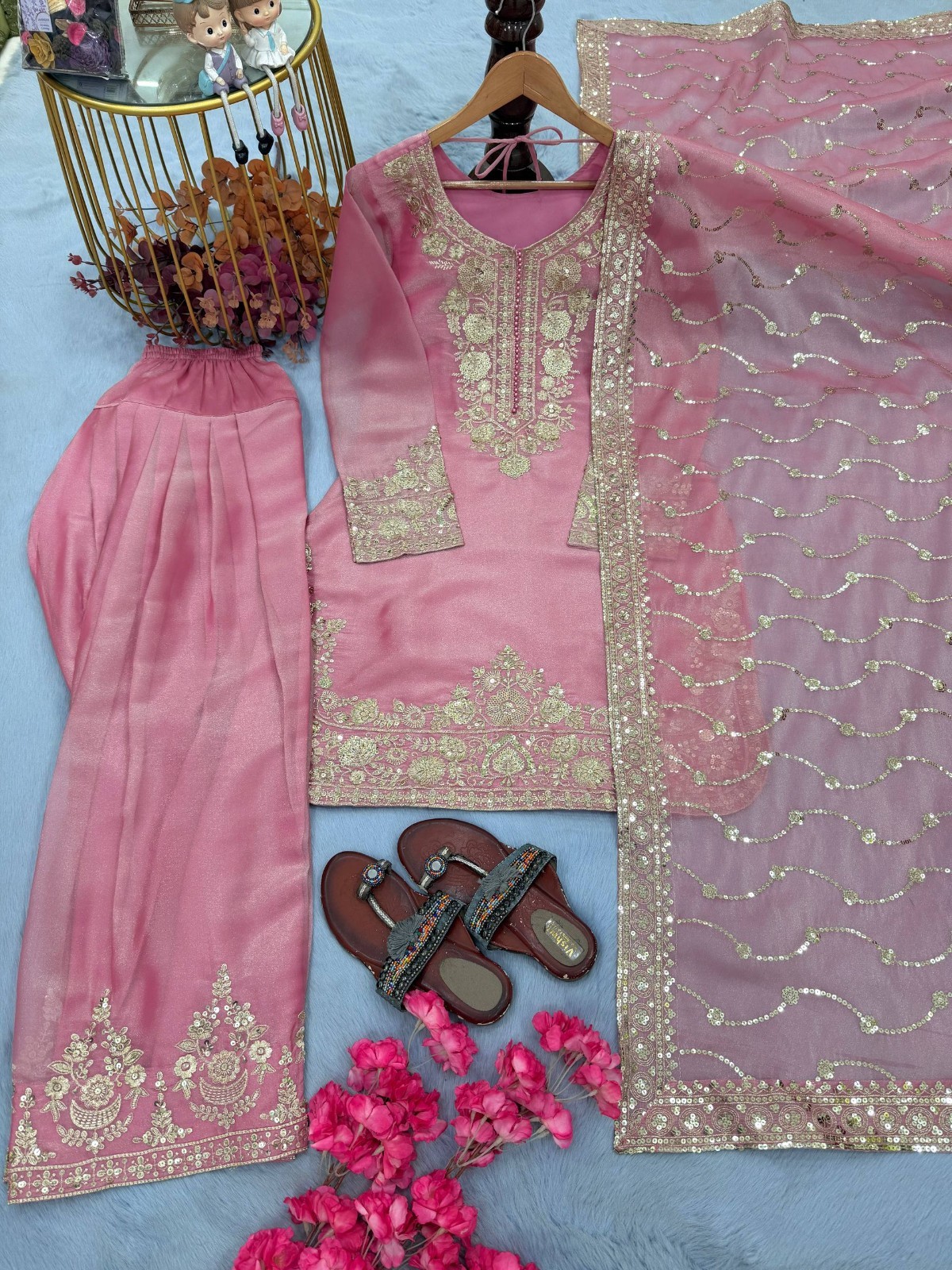 Latest Pure Nc Moss Silk Pink Top Palazzo With Dupatta For Indian Party Wear