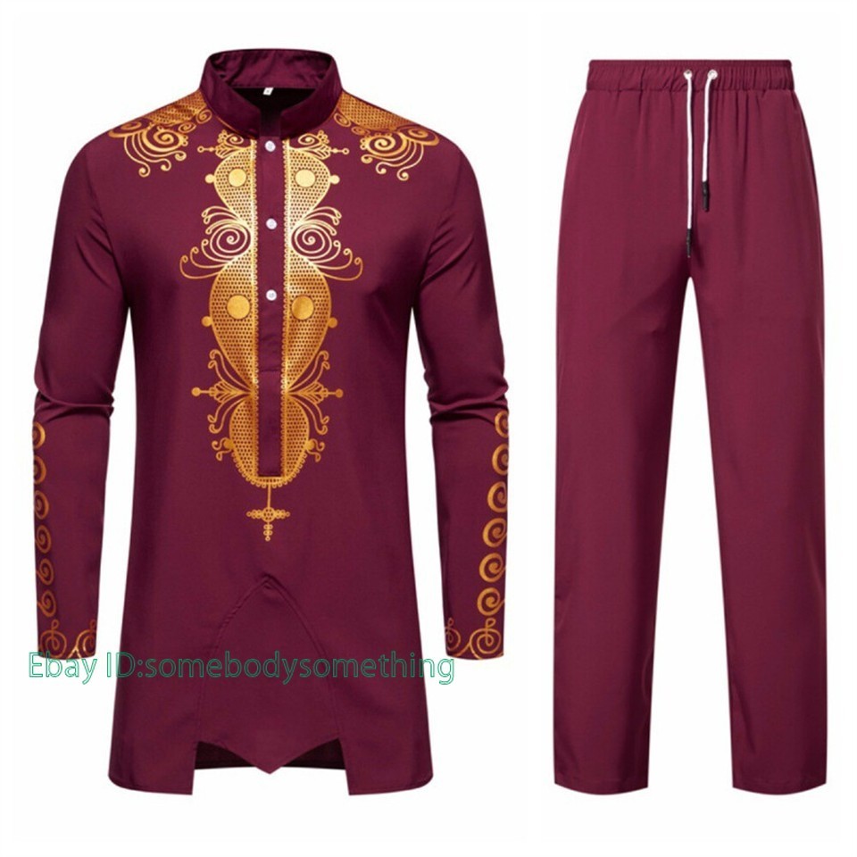 Men’s African 2 Piece Set Traditional Shirt and Pants Set Suit Middle East Suit