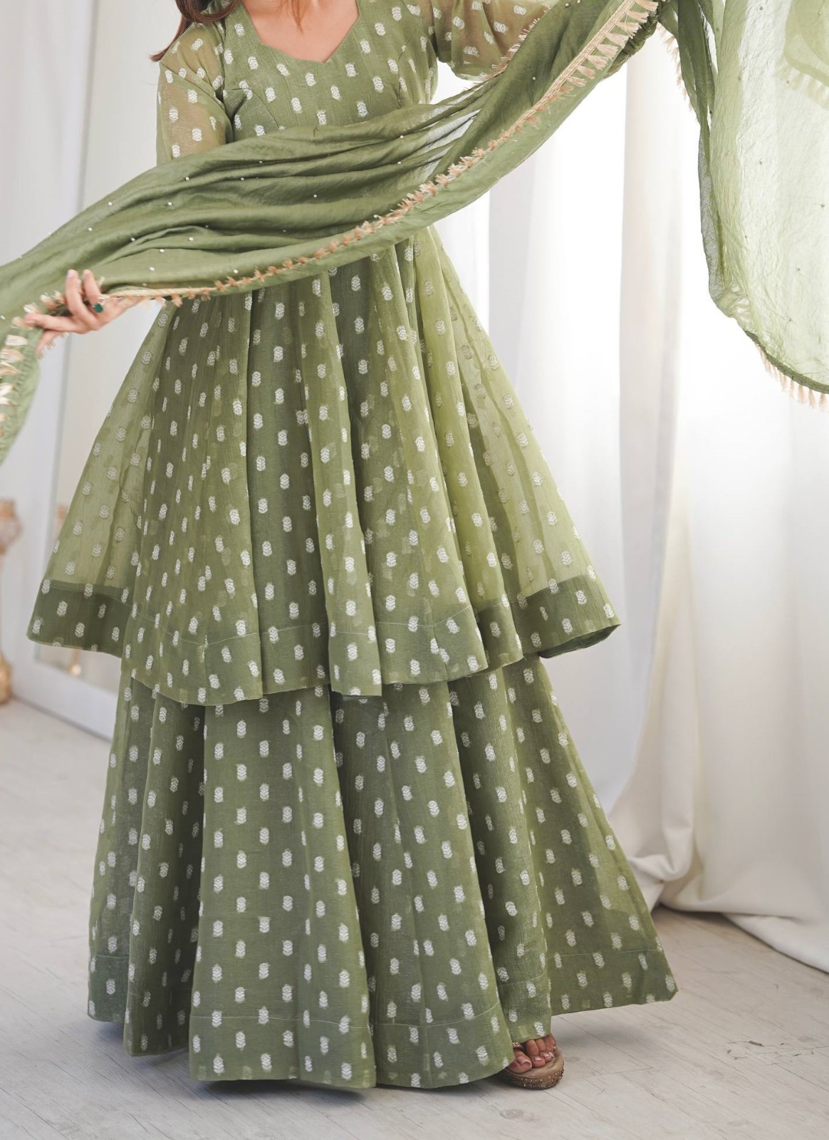 Stylish Heavy Crunchy Silk Green Top Palazzo With Dupatta For Wedding Wear