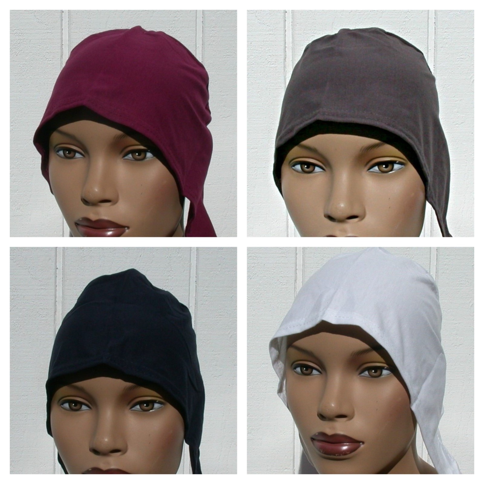 Set 4 Cotton Tie Back Bonnet Hijab Undercap Modern Skullcap B&W Burgundy D Grey