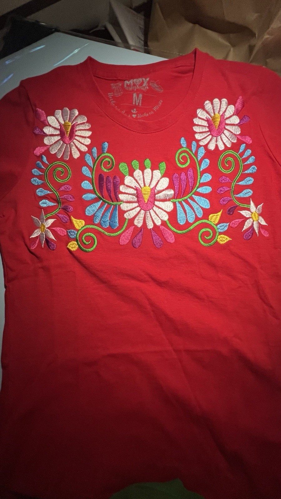 MOY artesanal Mexican Cotton Red Embroidered blouse Size M Women