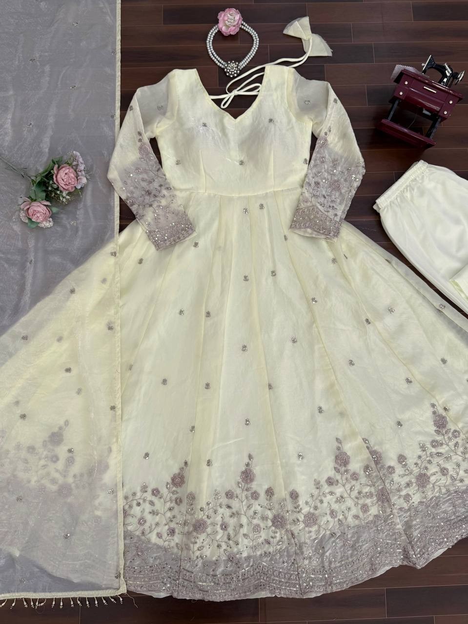 New Launching Silk Off White Gown Bottom With Dupatta For Functional Wear