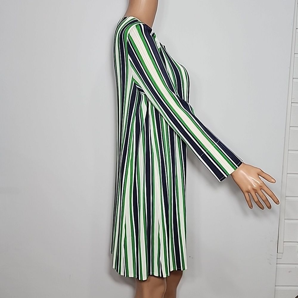 Chico’s Travelers Women’s Green Blue White Stripe Open Front Jacket Size 1 M