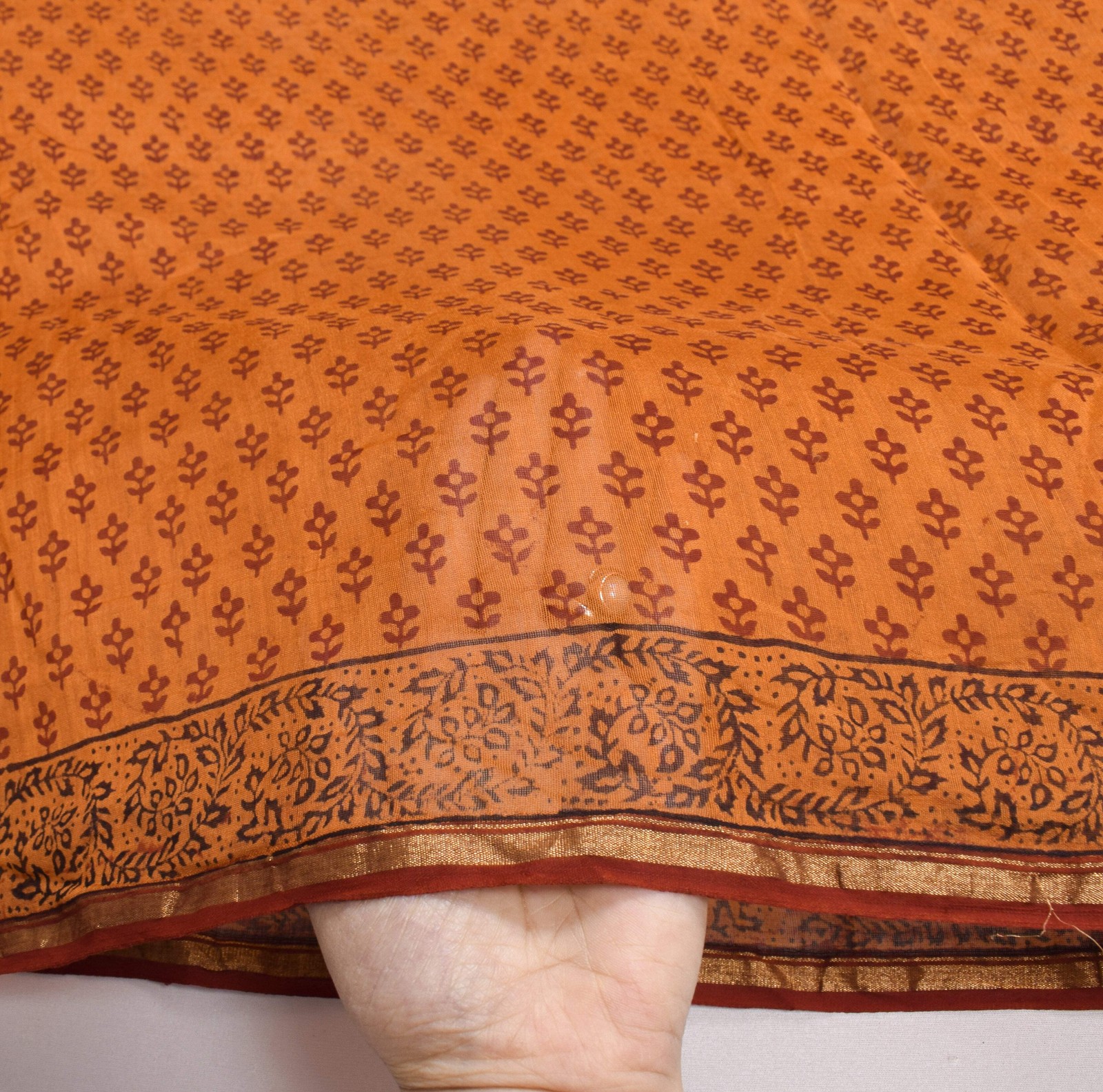 Sushila Vintage Rust Saree Pure Cotton Silk Hand Block Print & Zari Woven Soft S