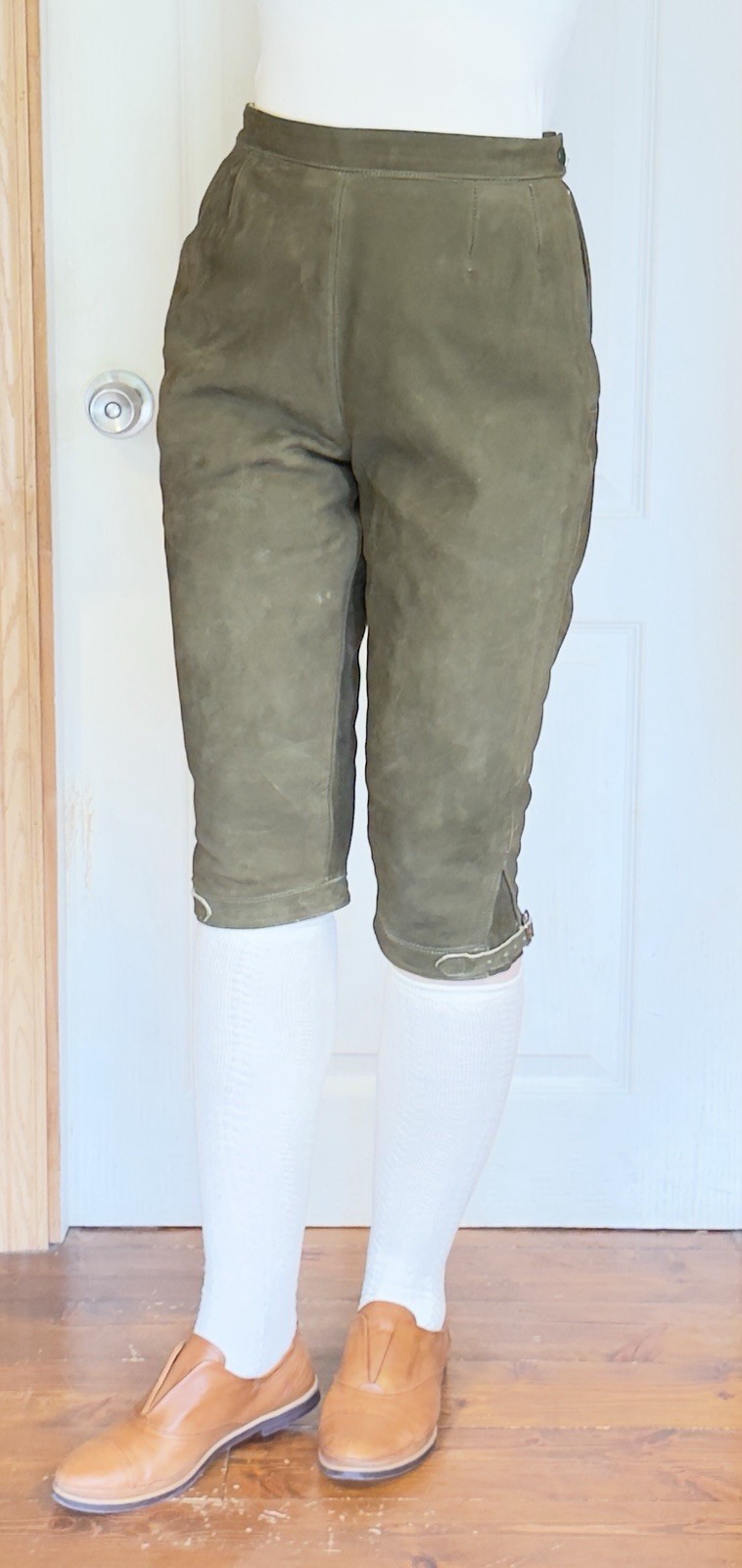 Olive LEATHER Lederhosen Pants Women German Bavarian Oktoberfest Waist 26”
