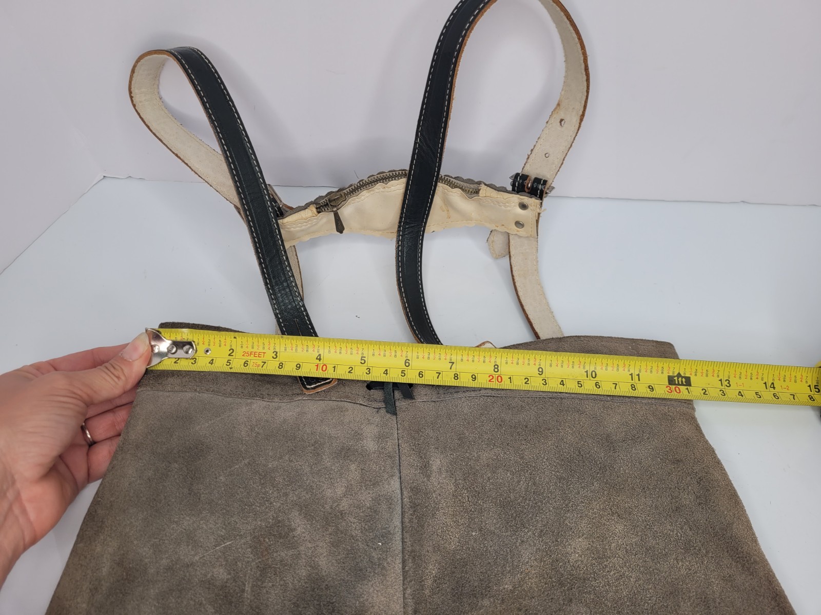 Vintage Youth Kids Lederhosen Short Suspenders Grey Red & Brown Leather Trim