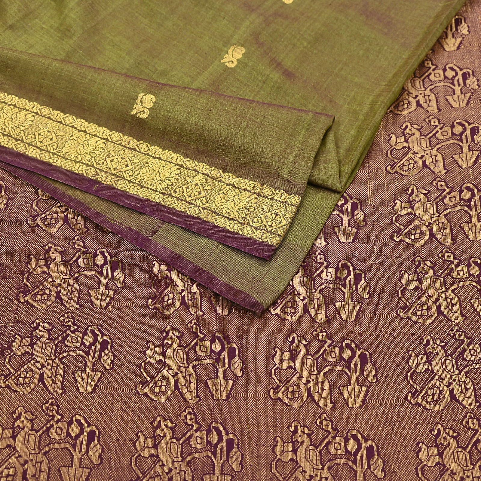 Indian Vintage Sari Green & maroon Blend Silk hand Woven Saree Craft Fabric 5yd