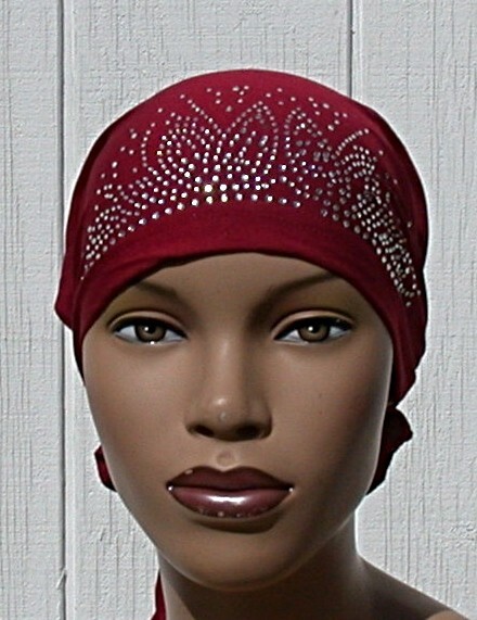 Rhinestone Turban Cap Hijab BURGUNDY Rayon Chemo Tie Back Cap