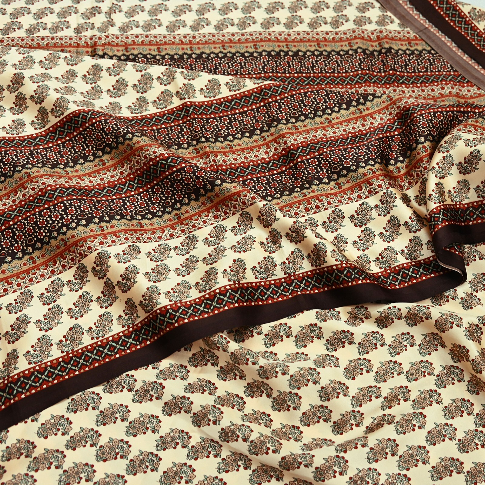 Indian Vintage Saree Beige Satin Printed Sari 5yd Sewing Floral Soft Craft Fabri