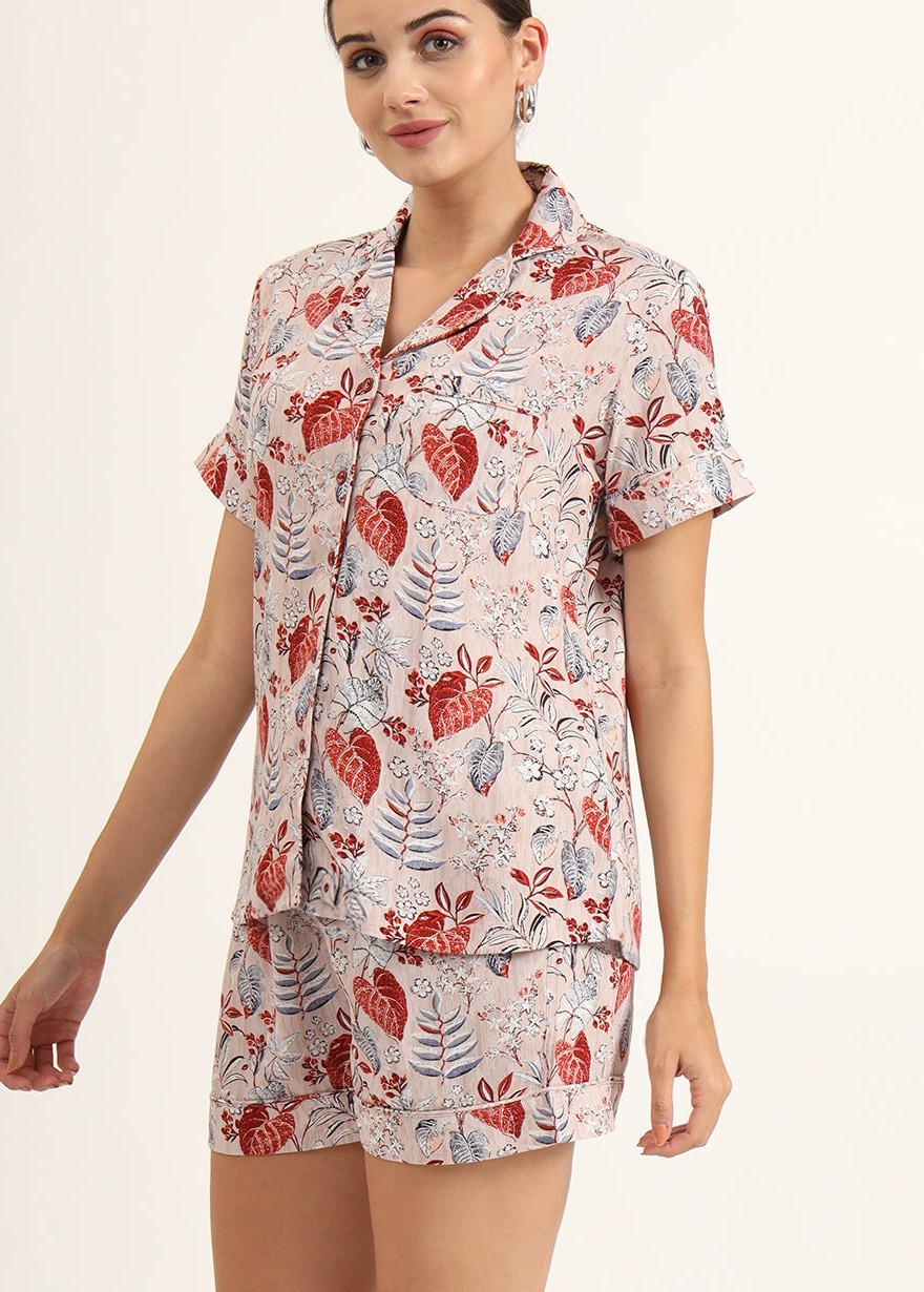 Multicolour Floral Print Rayon Regular Short Night Suit for Women Sleepwear