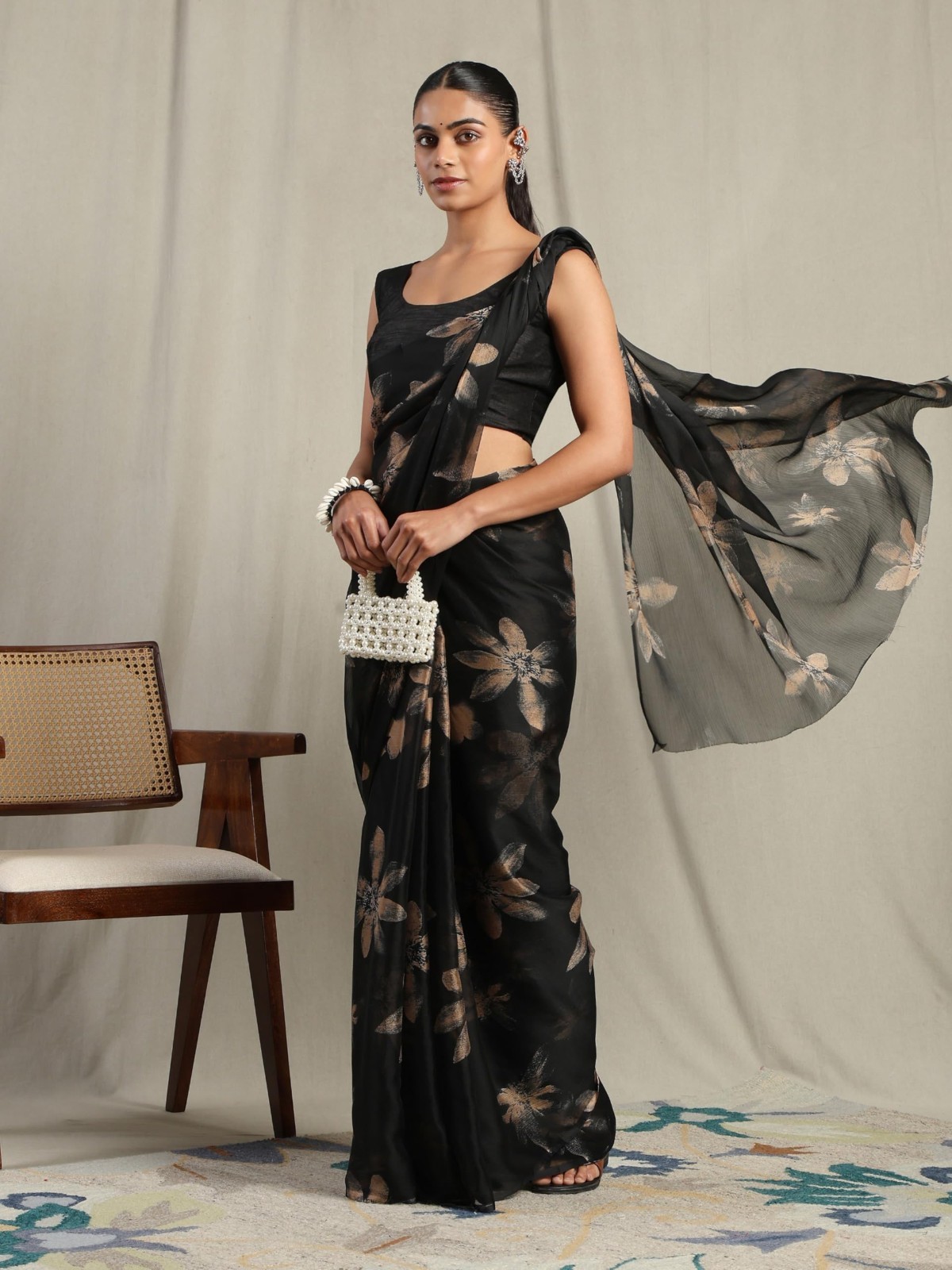 Women’s Floral Print Chiffon Saree Indian Bollywood Designer Festive Party Wear