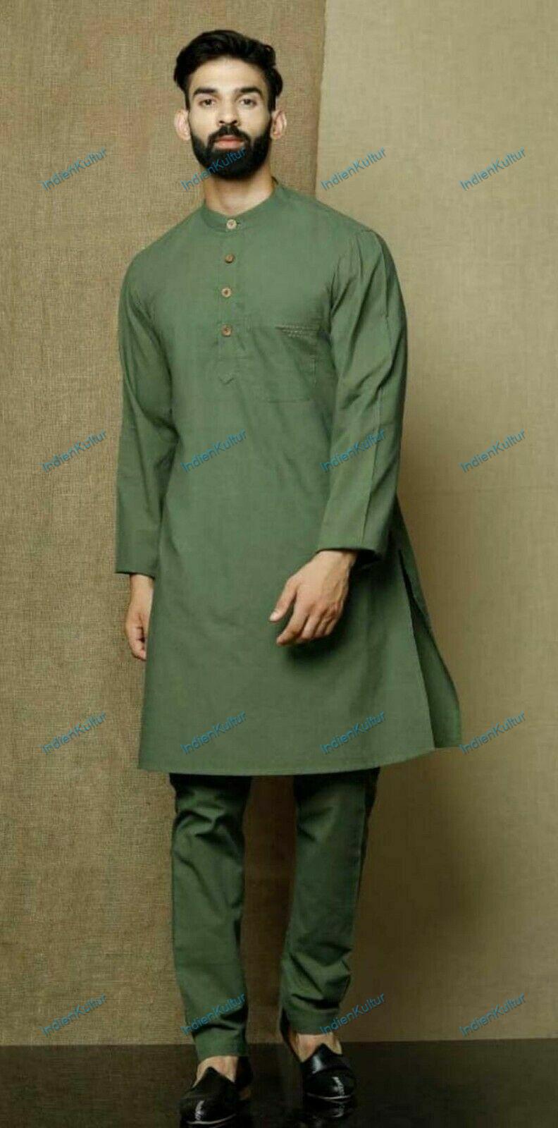 Mens Kurta Traditional Shirts Top Shirt Solid Mens Wear Cotton Cloth Kurta Green