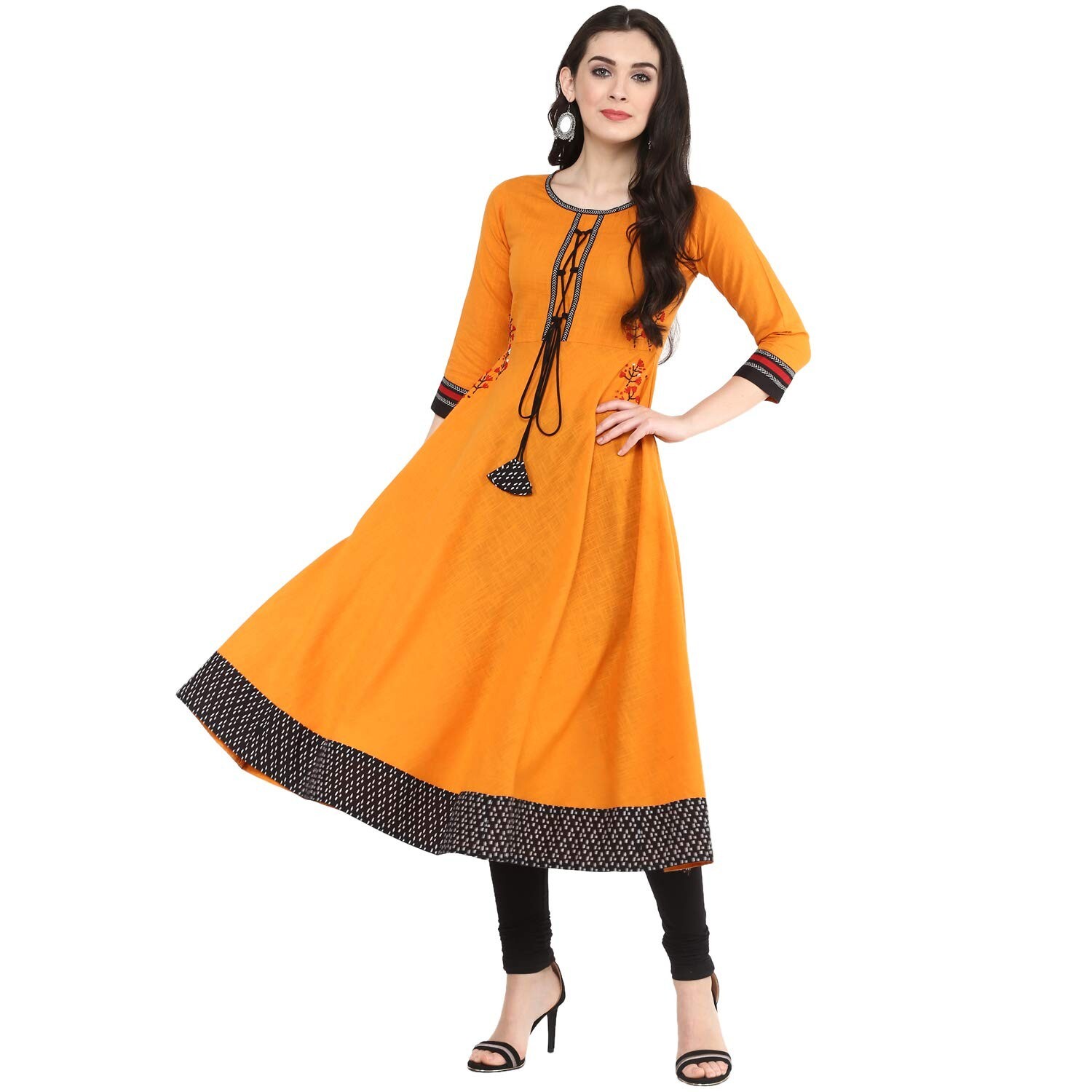 Women’s Embroidered Mustard Cotton Slub Anarkali Kurta, 3/4th Sleeves
