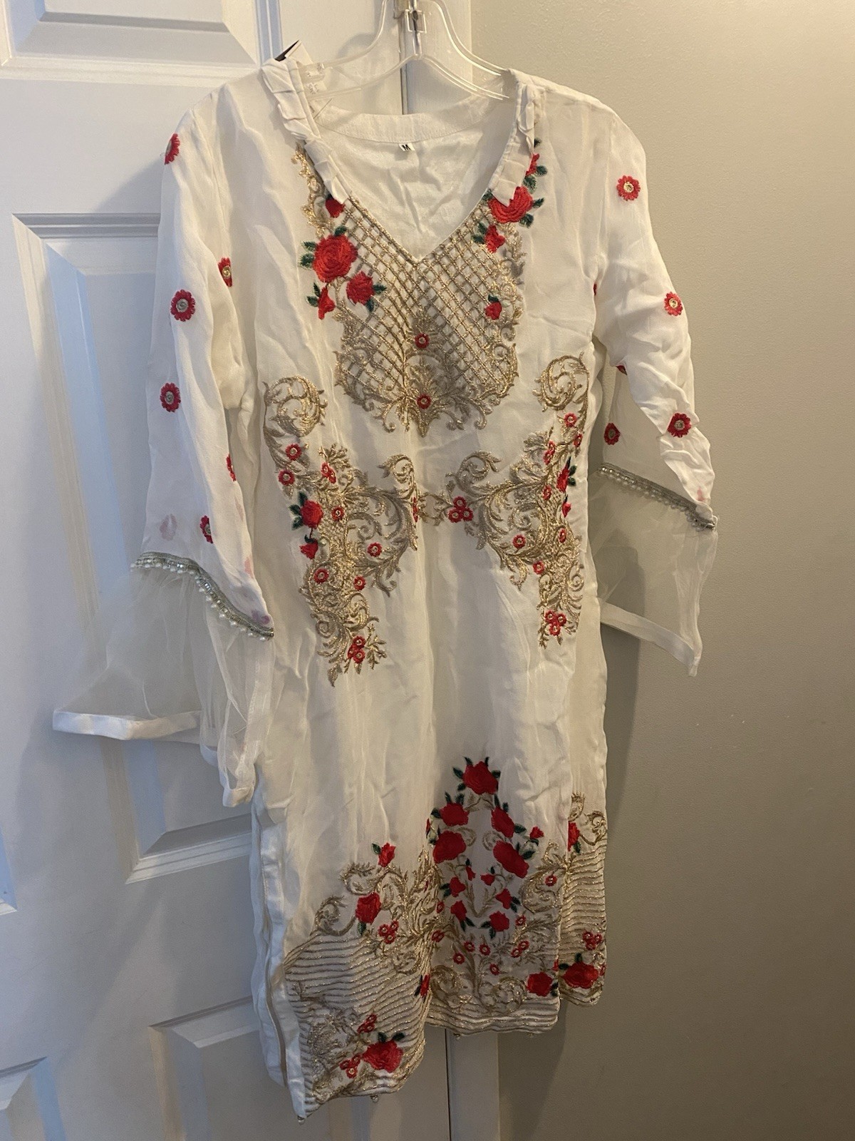 NWT Cream Indian Kurta Embroidered Dress Top Tunic Gold Red Floral Pearls $245 M