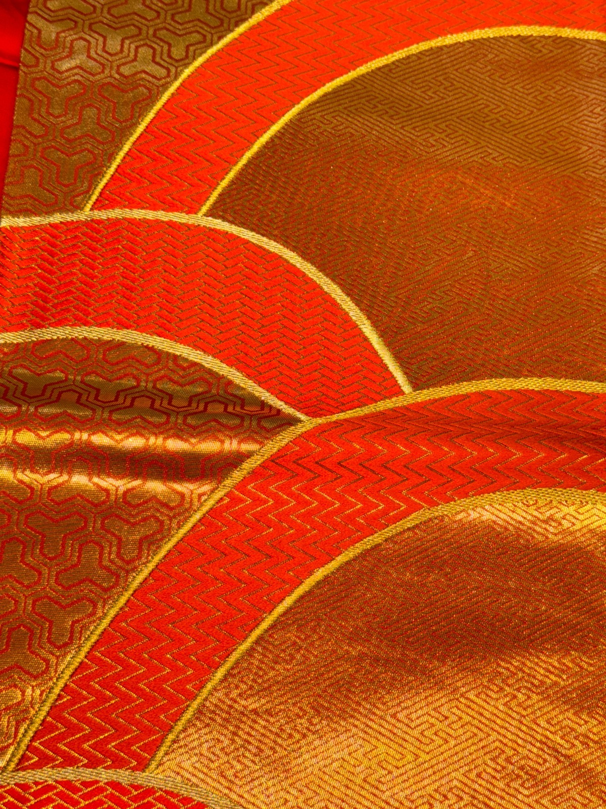 Japanese Vintage Kimono Fukuro Obi Silk Orange Traditional Embroidery 166×12 in