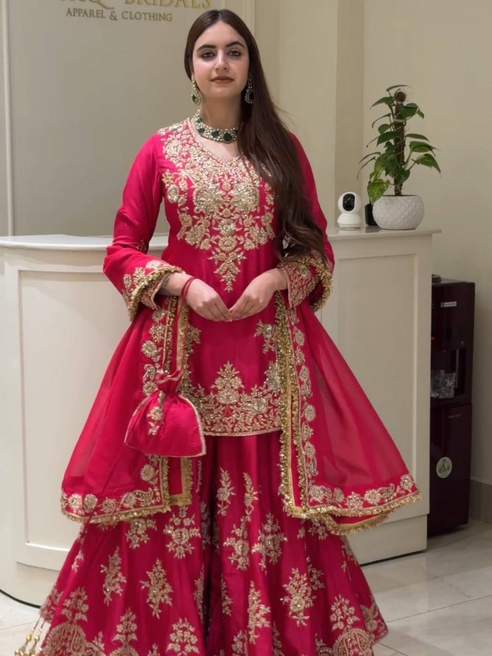 Fancy Designer Chinon Silk Pink Top Palazzo With Dupatta For Reception Wear