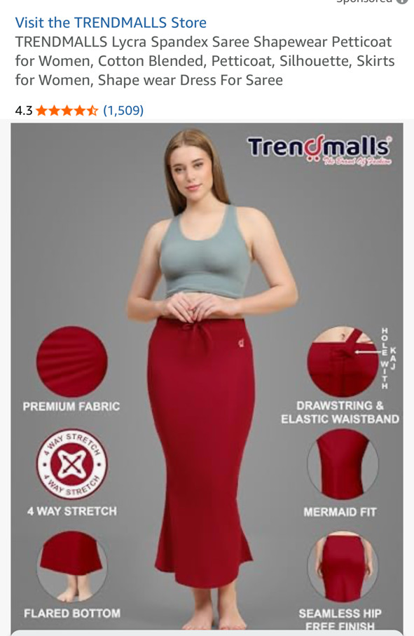 Trendmalls Fish Cut Lycra-Spandex Saree Shapewear Size S Maroon