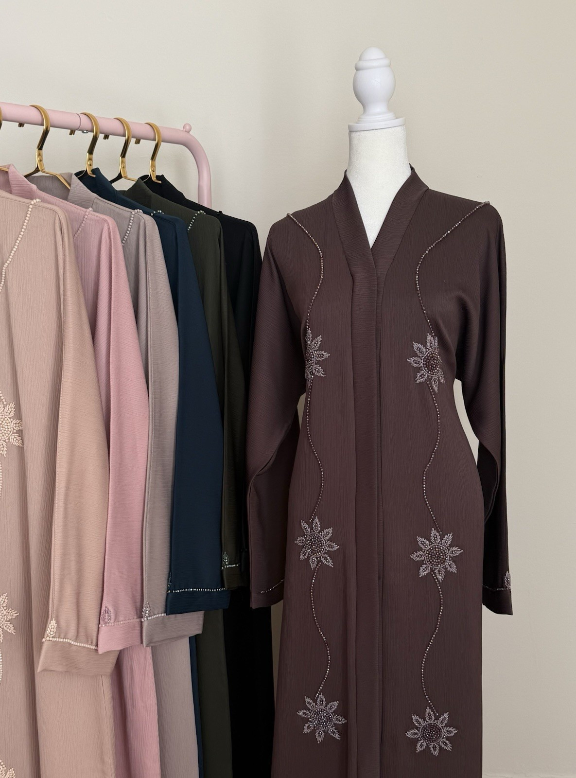 Women’s Embellished Kaftan Robe, Long Sleeve Open Front, One Size, Brown