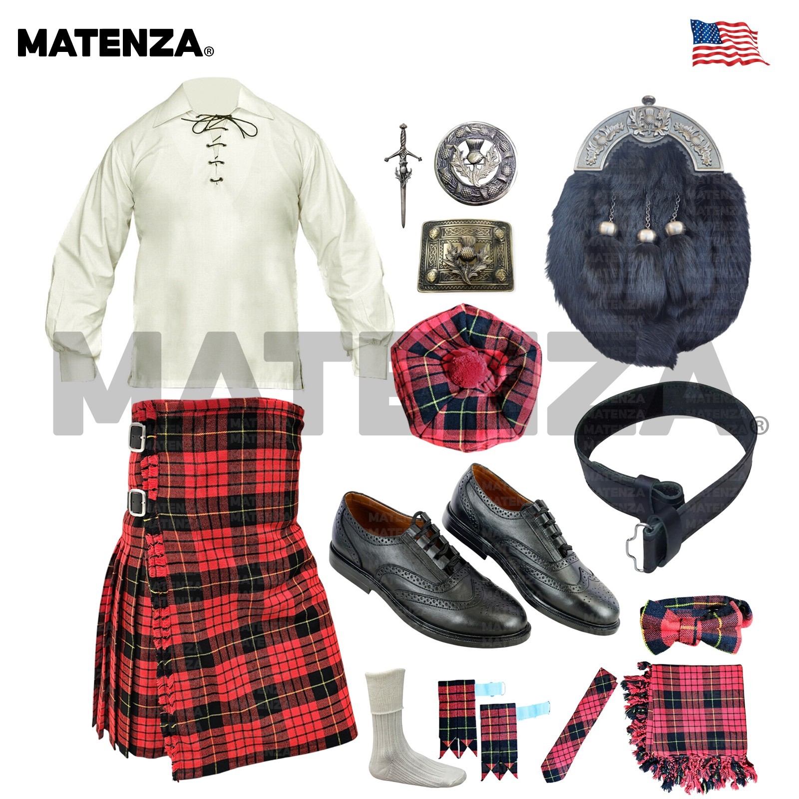 MacQueen Modern Tartan 14pc Scottish Kilt Outfit Set Black Fur Sporran
