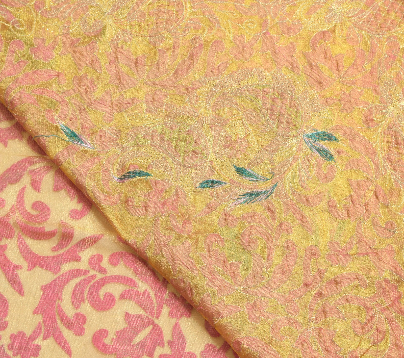 Sushila Vintage Golden & Purple Saree Blend Tissue Hand Beaded Sari Craft Fabric