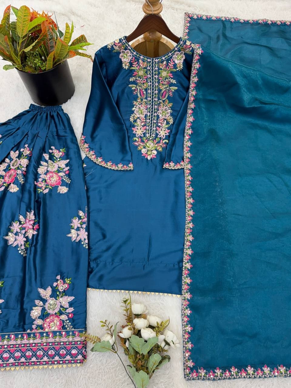 Stunning Look French Crepe Teal Blue Top Bottom With Dupatta For Function Wear