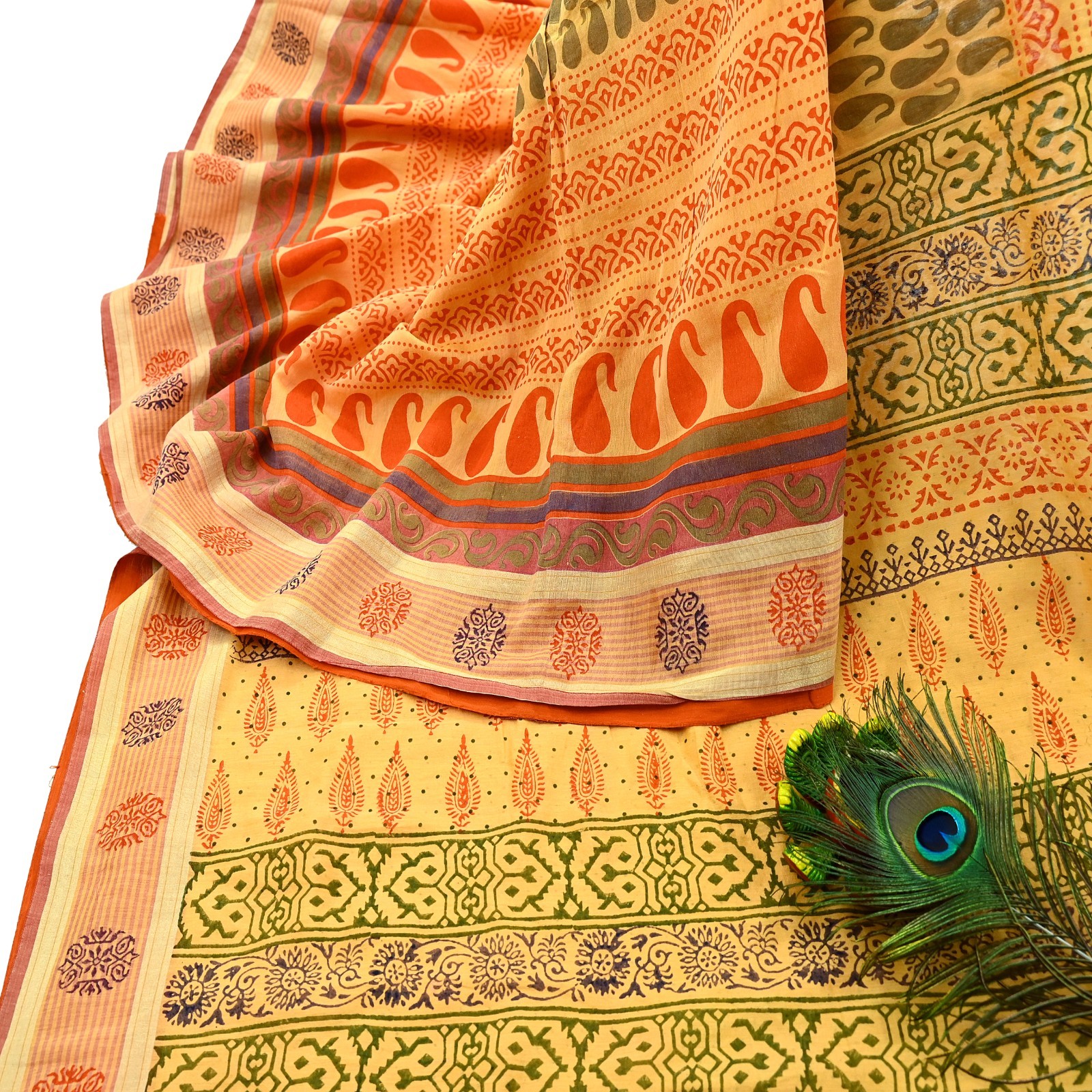 Indian Vintage Yellow Block Printed Pure Chanderi Silk Saree Floral Zari Fabric