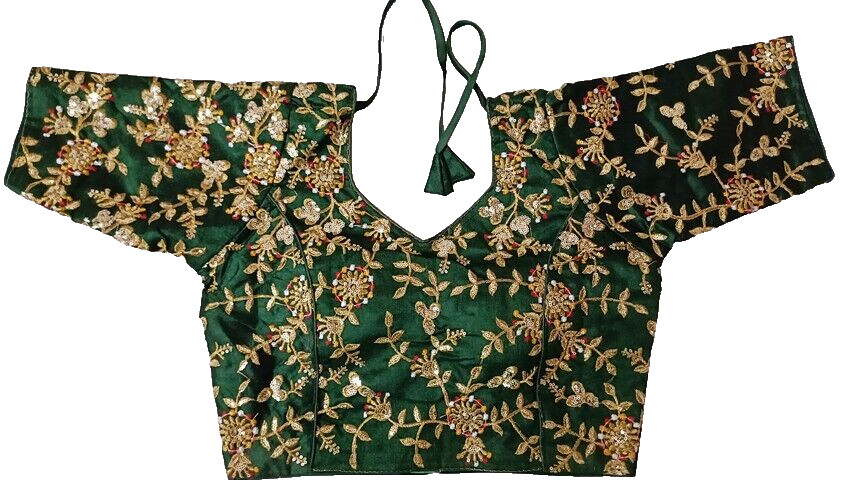 Indian Beautiful Round Neck Green Color Golden Flower All Embroidery WomanBlouse