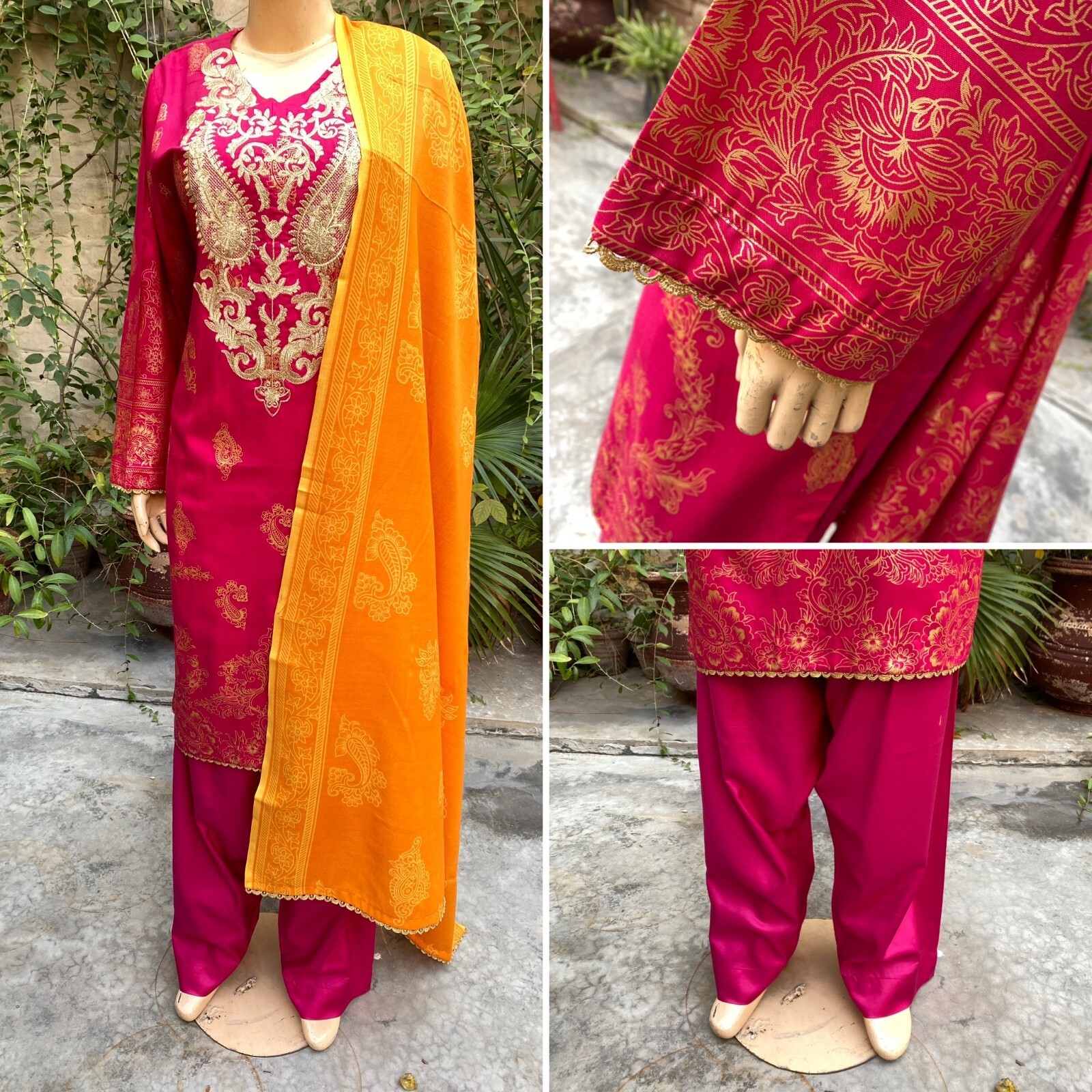 Pakistani Hot Pink Printed Straight Shirt 3-PCS Linen Suit w/ Threadwork ,XL