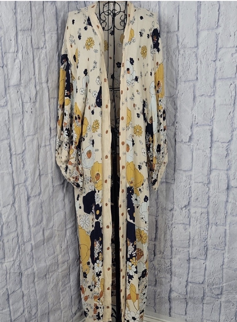 Rare Boho Free People Hidden Hills Maxi Duster Kimona Cardigan Floral Ivory OS