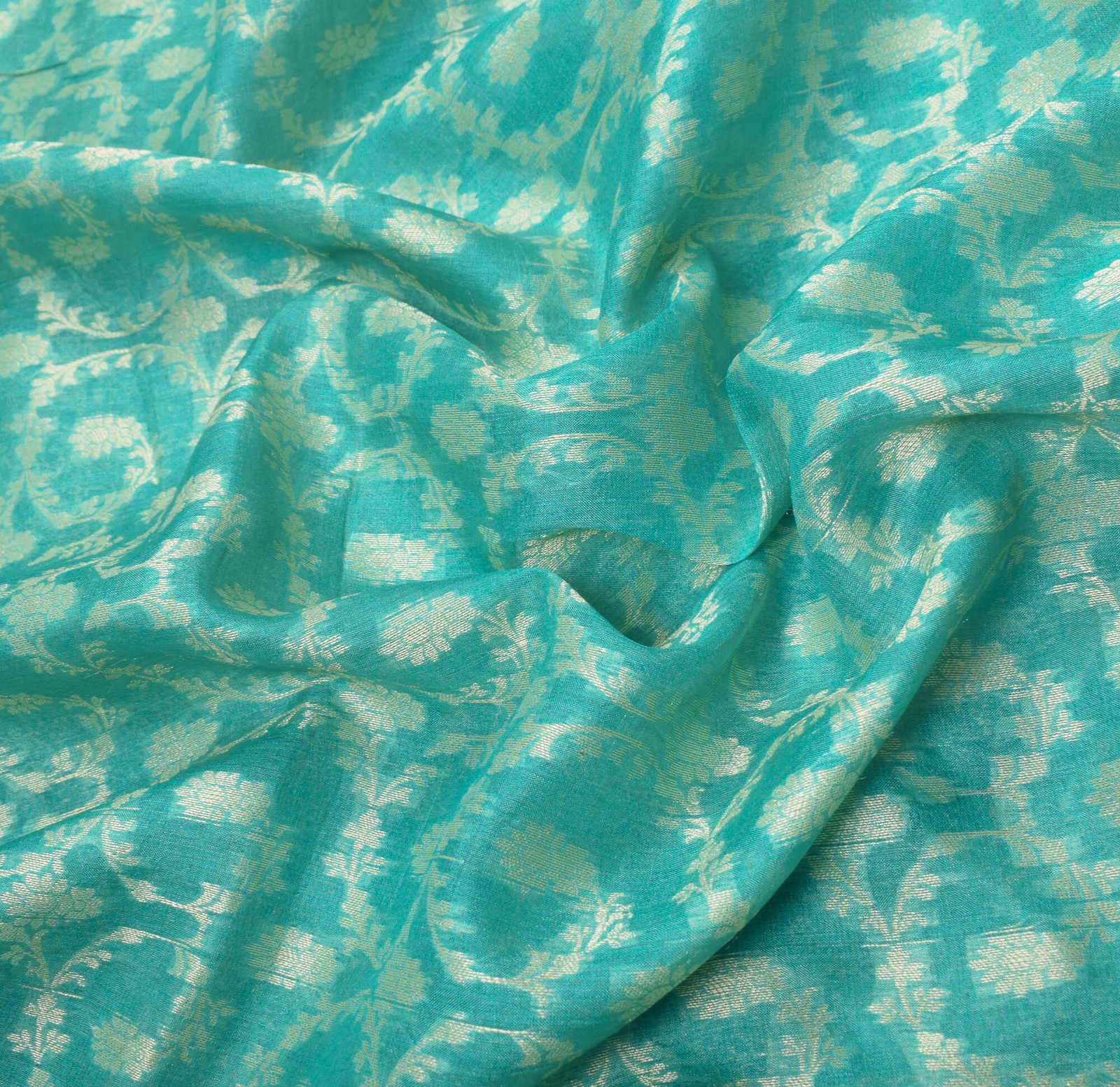 Sushila Vintage Aqua Green Saree Woven Floral Pure Tussar Silk Sari Craft Fabric