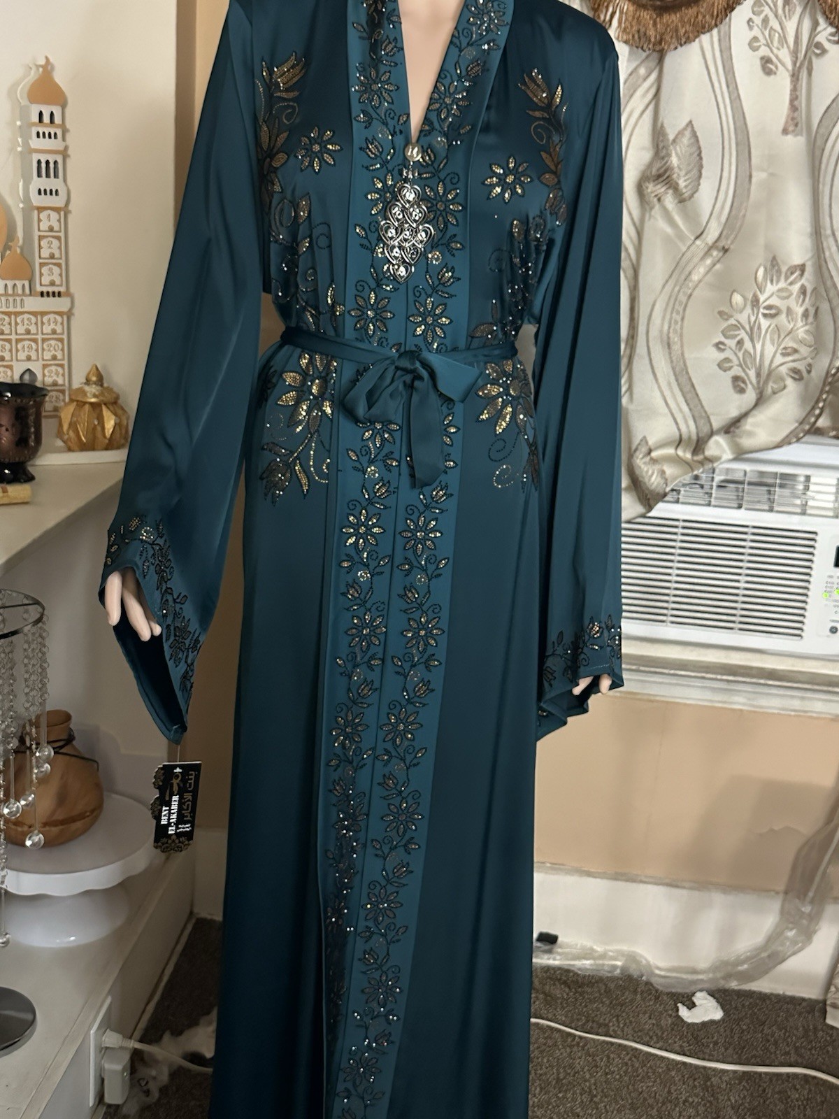 Women’s Teal Chiffon Kaftan Robe Dress Gold Embroidery Belt One Size Large