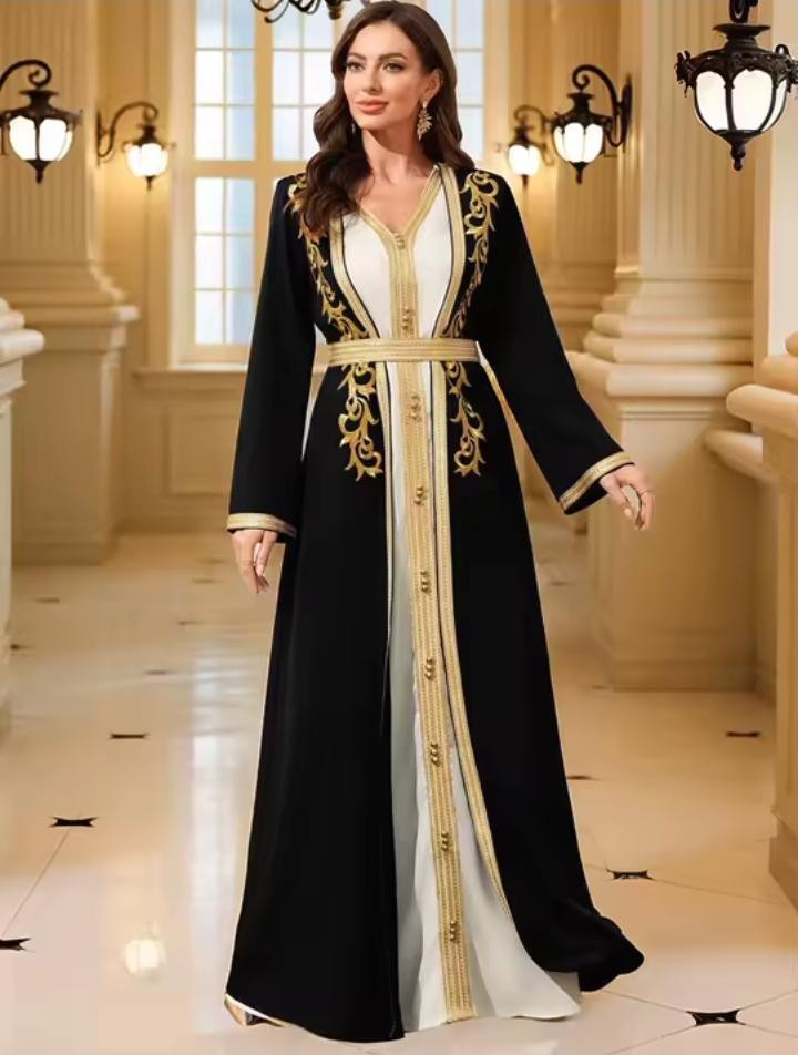 Luxury Moroccan Kaftan Abaya – Gold Embroidered Muslim Robe – Elegant Eid Party