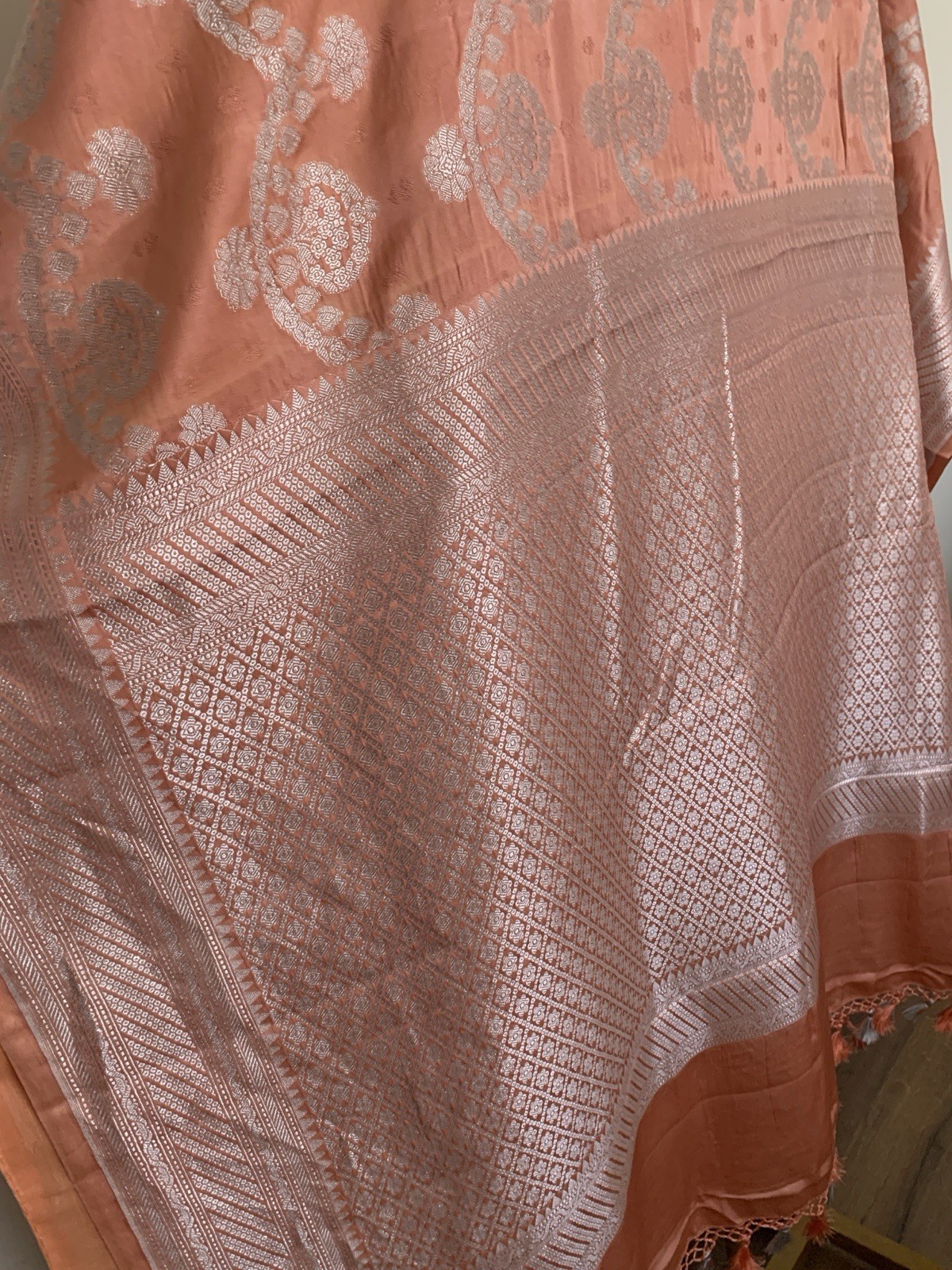 Dark Peach Banarasi Mashru Handloom Pure Silk Saree Partywear Wedding Sari Women
