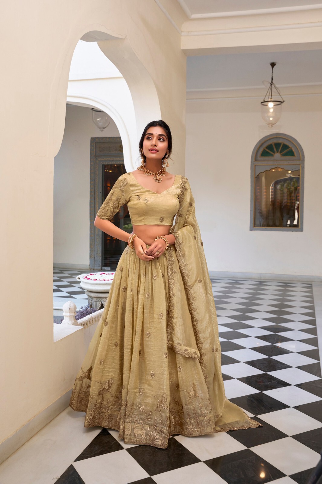 New Party Wear Off White Gold Crush Lehenga Choli With Dupatta For Women