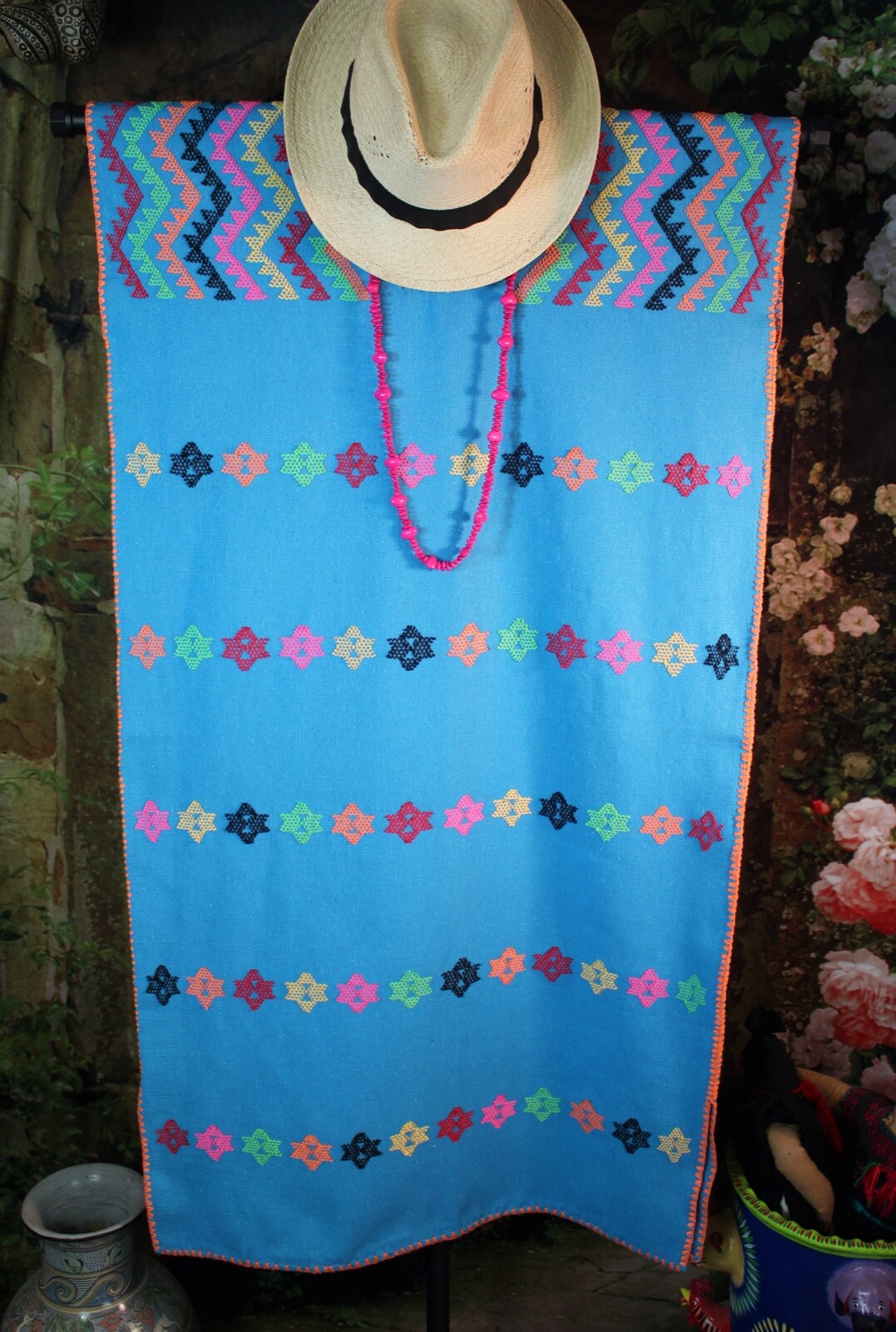 M/L Huipil Kaftan Handwoven Blue & White Oaxaca Mexico San Juan Colorado Resort